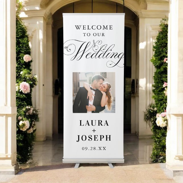 Wedding Welcome Script Calligraphy Elegant Photo Retractable Banner (Elegant calligraphy photo banner warmly welcomes guests and showcases your special day.)