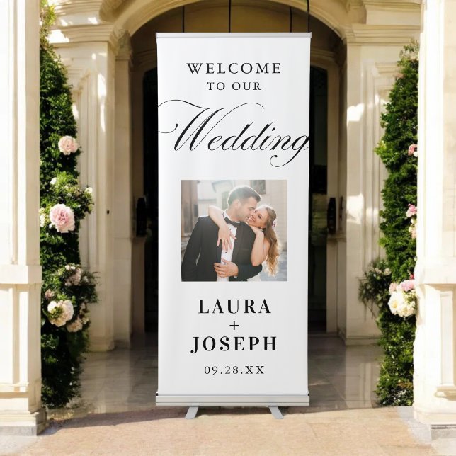 Wedding Welcome Script Calligraphy Elegant Photo Retractable Banner (Elegant script photo banner warmly welcomes guests while adding a personalized touch.)