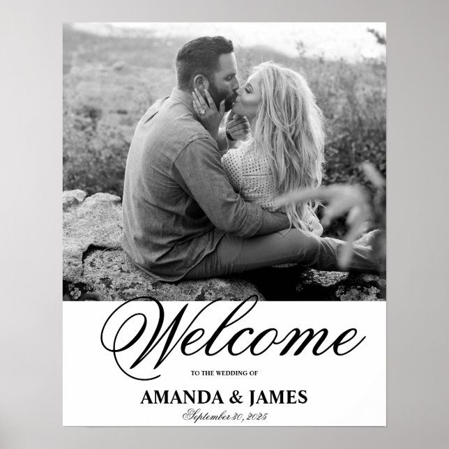 Wedding Welcome Sign Black White Romantic Photo (Front)