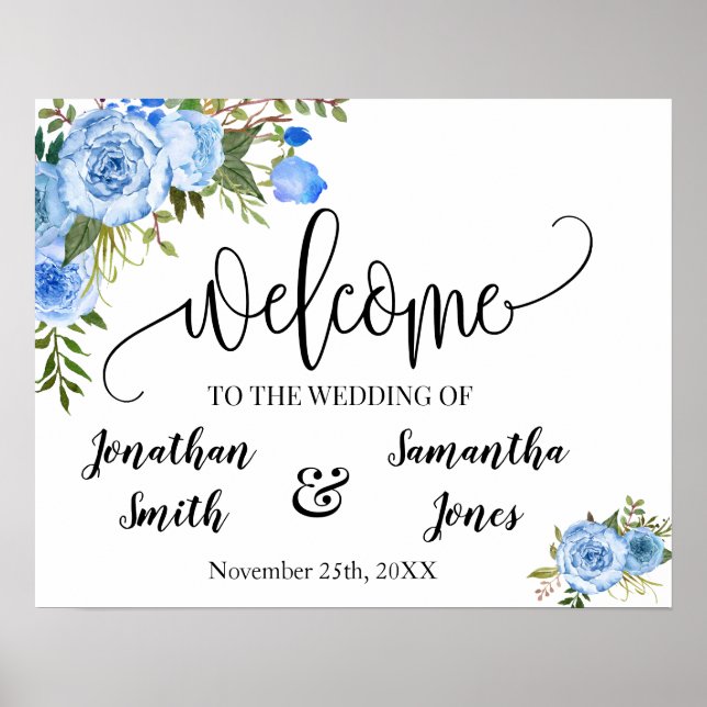 Wedding welcome sign boho chic blue floral sign (Front)