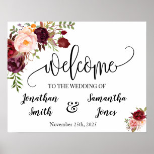 Wedding welcome sign boho chic marsala floral