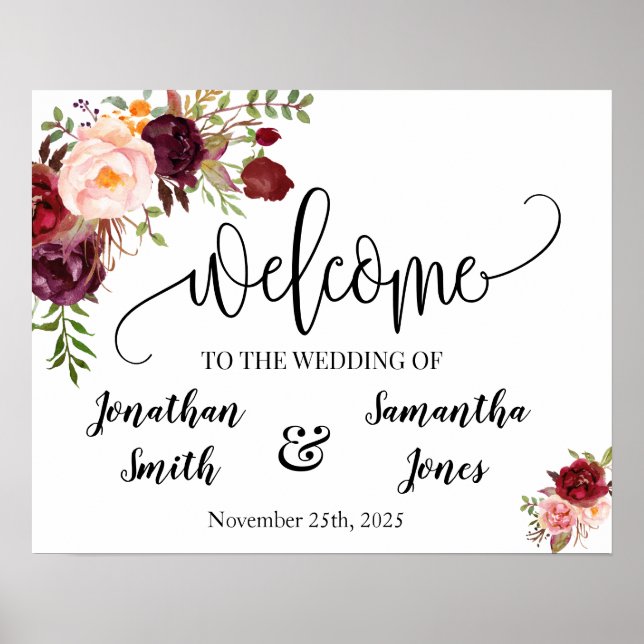 Wedding welcome sign boho chic marsala floral (Front)