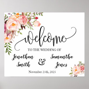 Wedding welcome sign boho chic pink floral poster