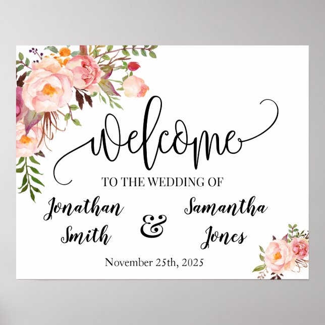 Wedding welcome sign boho chic pink floral poster (Front)