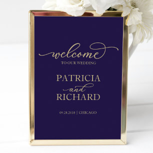 Wedding Welcome Sign Chic Gold Script Navy Blue