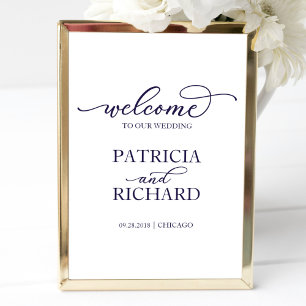 Wedding Welcome Sign   Chic Navy Blue Script