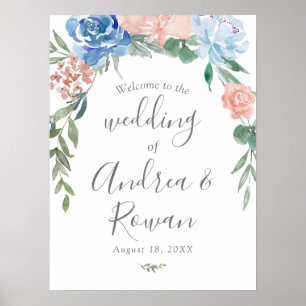 Wedding Welcome Sign Dusty Blue and Pink Floral