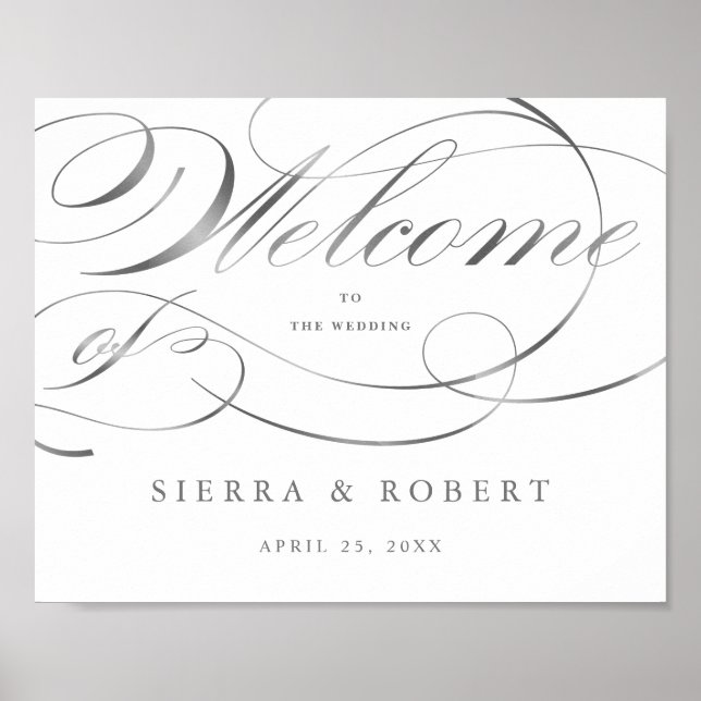 Wedding Welcome Sign Elegant Faux Silver Script (Front)