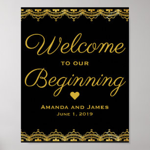 Wedding Welcome Sign   Gold Lace on Black