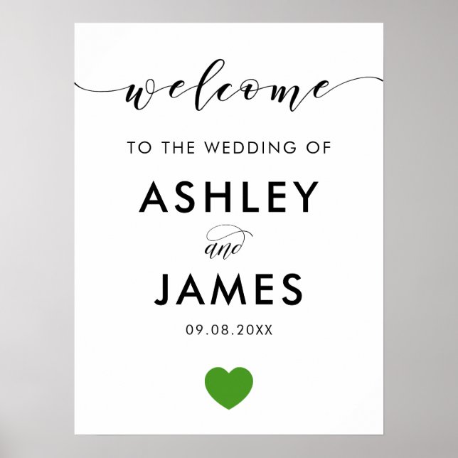 Wedding Welcome Sign, Greeting Sign, Green Heart, Poster (Front)