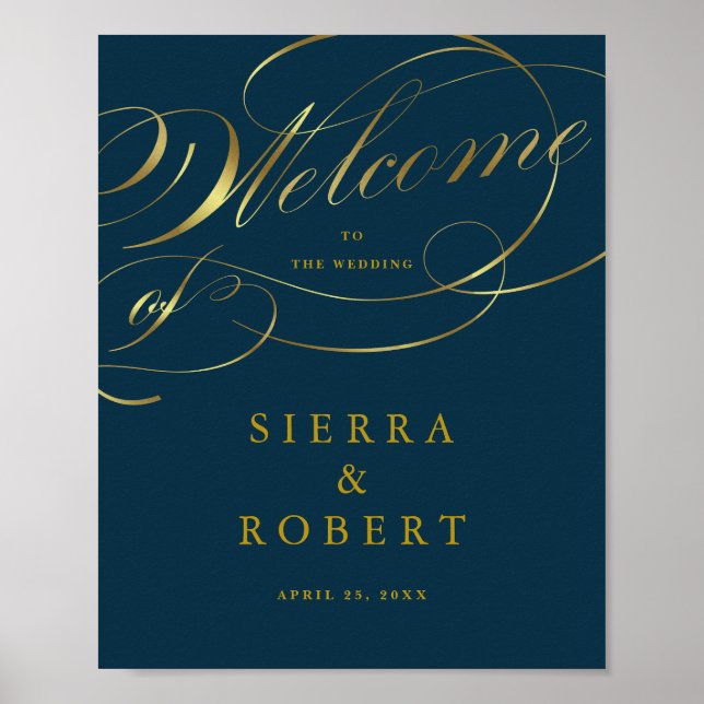 Wedding Welcome Sign Navy Blue Gold Script (Front)