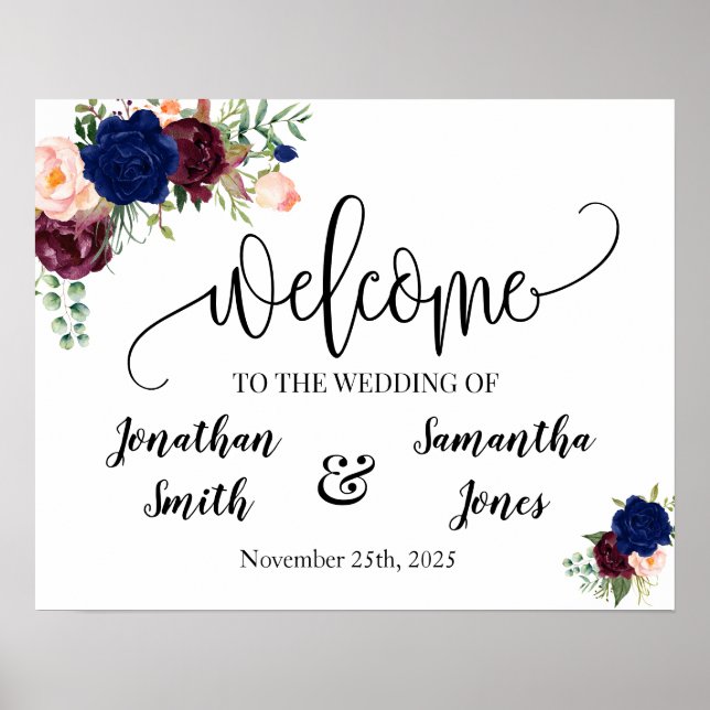 Wedding welcome sign navy burgundy floral poster (Front)