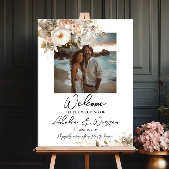 Wedding welcome sign, photo & watercolor flowers poster (Creator Uploaded)