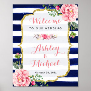Wedding Welcome Sign Pink Floral Navy Stripes
