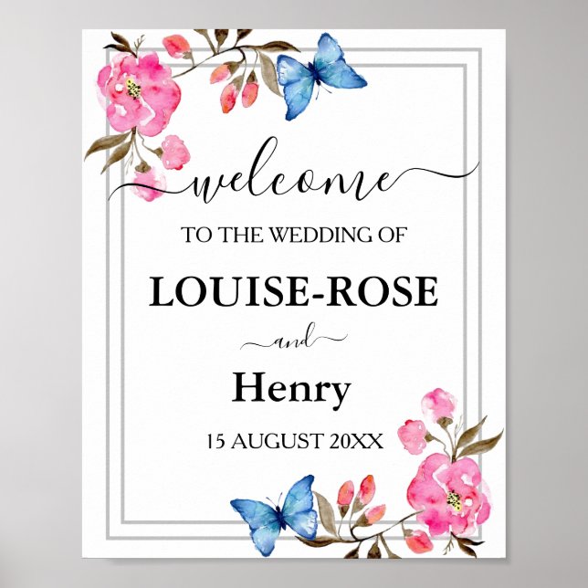 Wedding Welcome Sign - Pink Rose Gray Butterflies (Front)