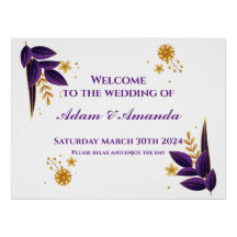 Wedding Welcome Sign - Purple and Gold Floral