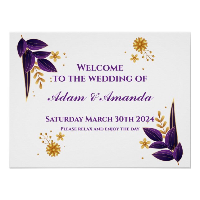 Wedding Welcome Sign - Purple and Gold Floral (Front)