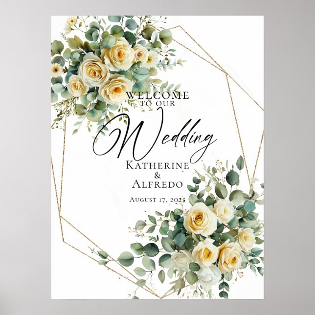Wedding welcome sign, roses and greenery poster (Front)