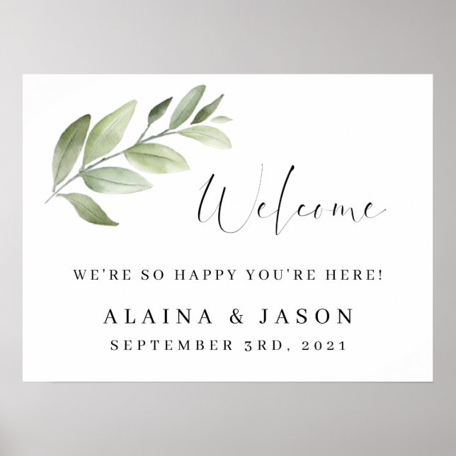 Wedding Welcome Sign Watercolor Greenery (Front)