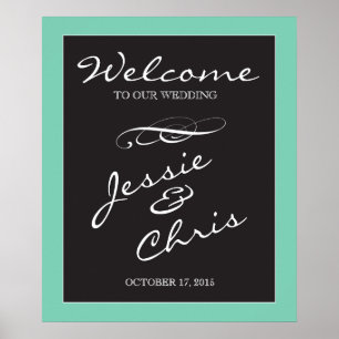 Wedding Welcome sign white on black custom border