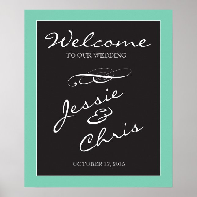 Wedding Welcome sign white on black custom border (Front)