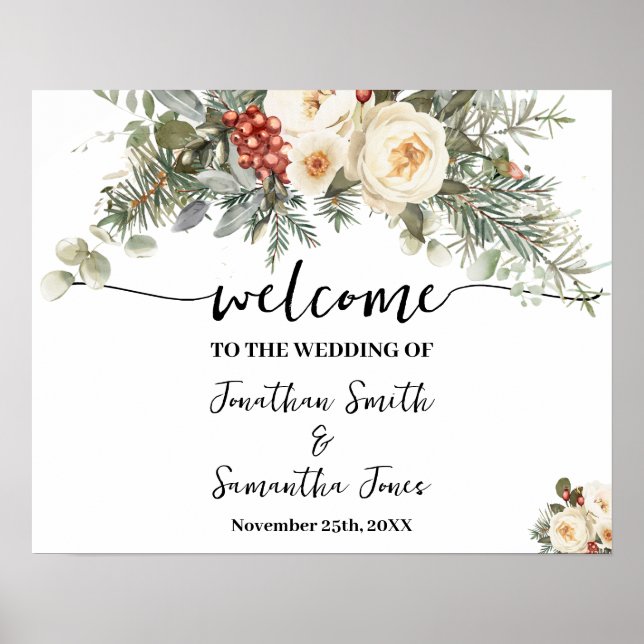 Wedding Welcome Sign White Winter Flowers (Front)