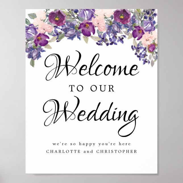 Wedding Welcome Sign with Purple and Pink Flowers (Front)