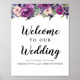 Wedding Welcome Sign with Purple and Pink Flowers