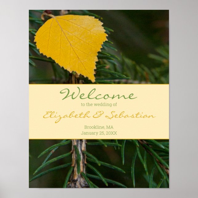 Wedding WELCOME Sign Yellow Leaf Pine Branch (Front)