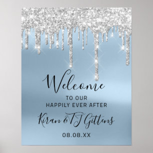 Wedding Welcome Silver Grey Drips Blue Event Poster