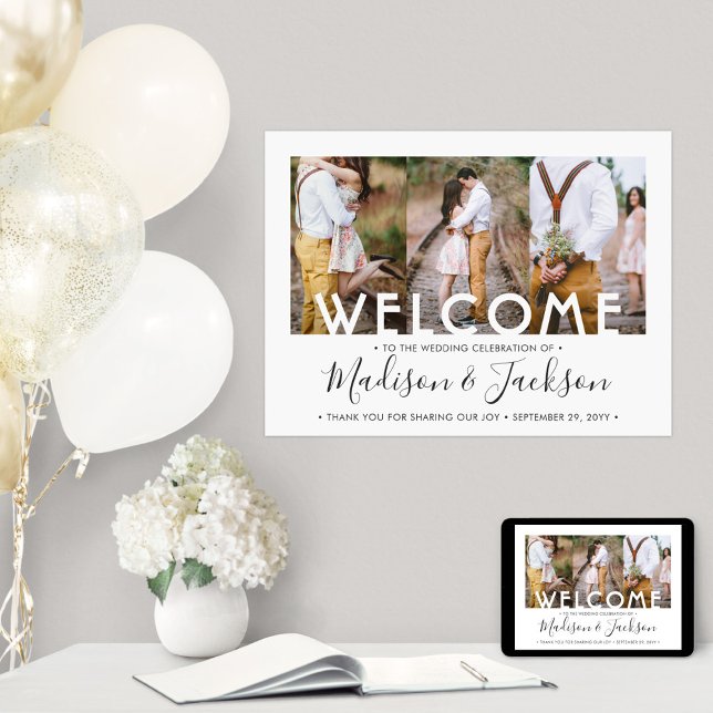 Wedding Welcome Simple Elegant 3 Photo Collage Poster (Creator Uploaded)