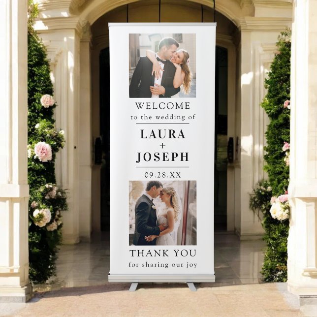 Wedding Welcome Simple Modern Calligraphy 2 Photo Retractable Banner (Modern calligraphy 2 photo welcome banner adds personal charm to your wedding entrance.)