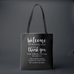 Wedding Welcome, Thank You Hotel Custom Gift Bag<br><div class="desc">Make your wedding and out of town guest feel special with this welcome/thank you tote bag. Personalise the bag by adding your wedding location, 2 lines of custom text and your names. You can change the bag colour to match your wedding colours - just click on "customise" and then the...</div>