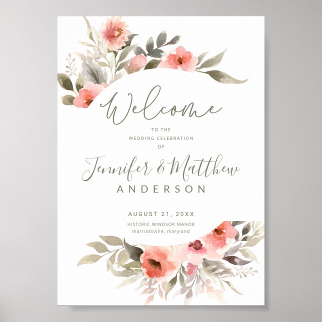 Wedding Welcome Watercolor Blush Rose Wreath Sign (Front)