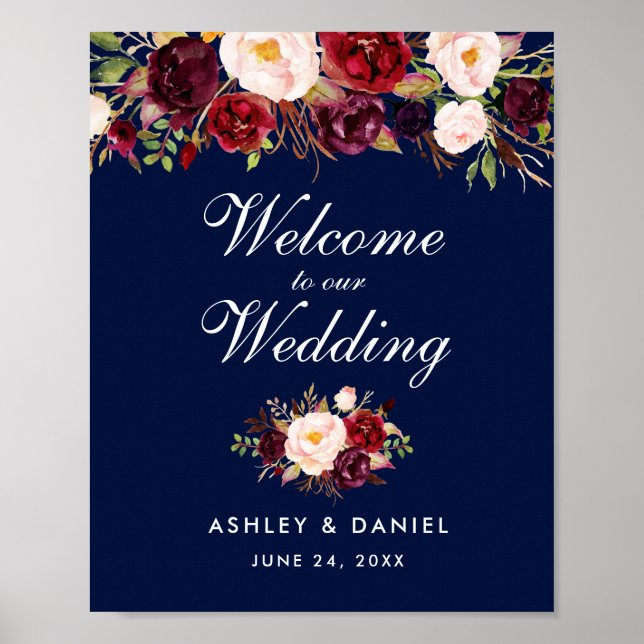 Wedding Welcome Watercolor Floral Burgundy Blue Poster (Front)