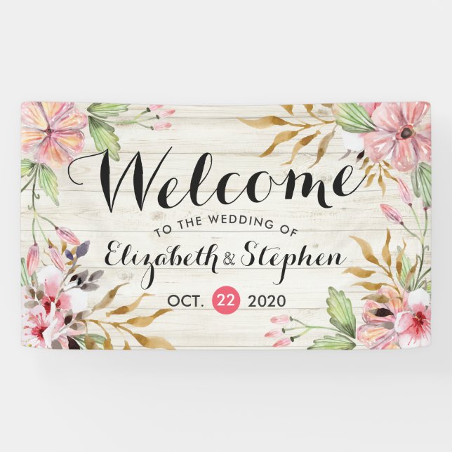 Wedding Welcome Watercolor Pink Flower Rustic Wood Banner (Horizontal)
