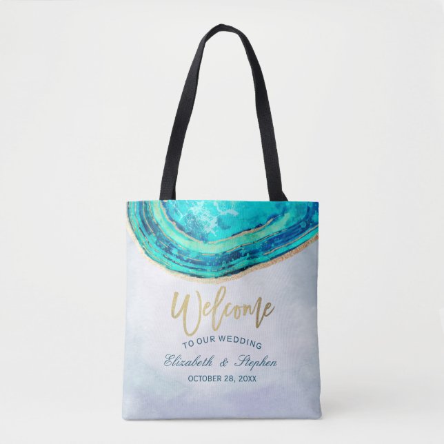 Wedding Welcome Watercolor Teal & Gold Agate Geode Tote Bag (Front)