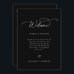 Wedding Welcome Weekend Timeline Programme<br><div class="desc">Modern minimalist wedding welcome and weekend event timeline program card in black and white. Template features,  welcome message on front and weekend itinerary timeline on back.  Wedding day icons timeline includes rings,  cocktail,  meal setting,  cake,  music note and car.</div>