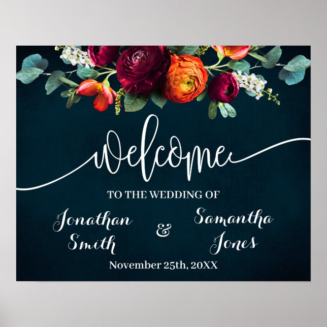 Wedding Welcome Wine Navy Burgundy Sign (Front)