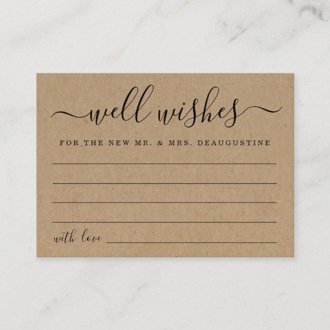 Wedding Well Wishes for the Mr & Mrs  Rustic Kraft Calling Card (Front)
