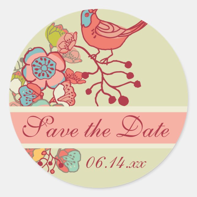 Wedding Whimsy Birds Save the Date Round Stickers (Front)