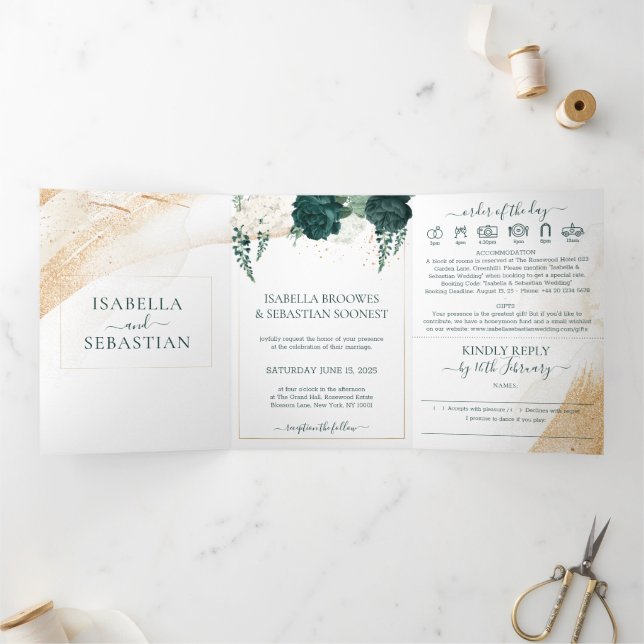 Wedding White All in one set Emerald Green Roses Tri-Fold Invitation (Inside)