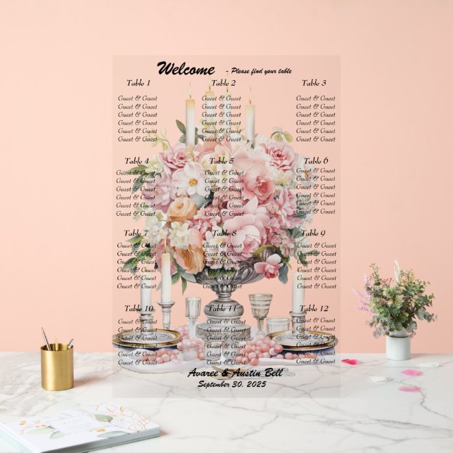Wedding White and Pink Floral Seating Chart (Wedding)