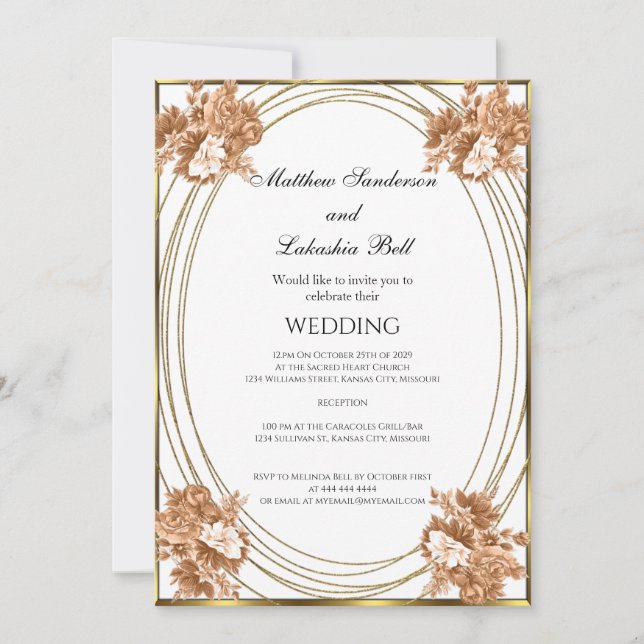Wedding White Autumn Colours Flowers Gold  Invitation (Front)