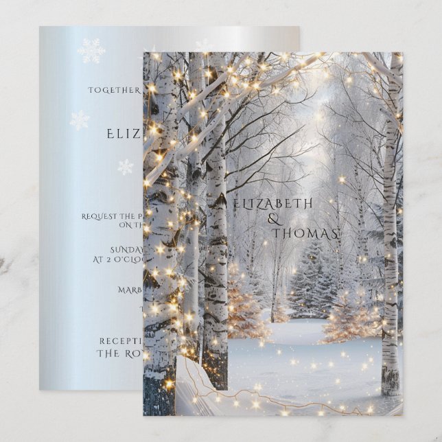  Wedding White Birch Trees Snow Pretty Lights  Invitation (Front/Back)