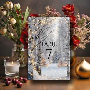 Wedding White Birch Trees Snow Yellow Lights Table Number