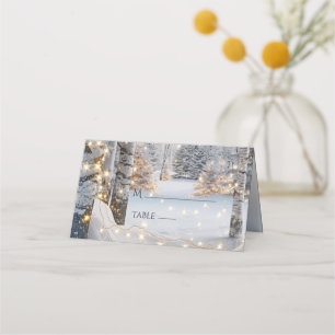 Wedding White Birch Trees Winter Pretty Lights Place Card