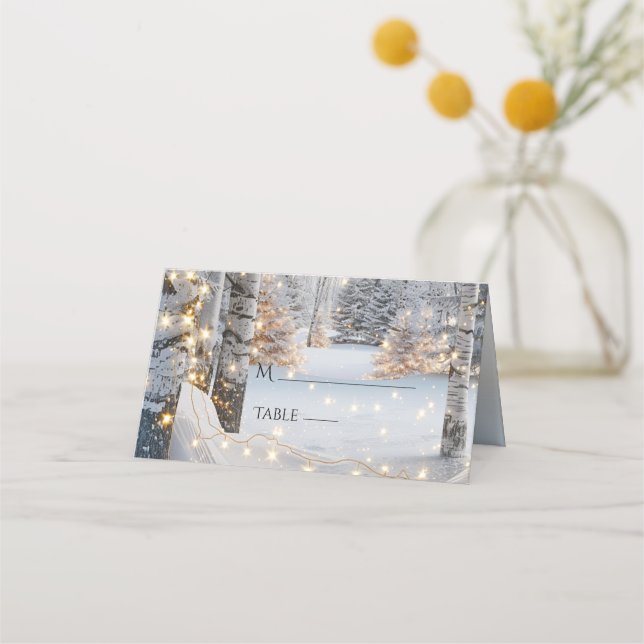 Wedding White Birch Trees Winter Pretty  Lights  Place Card (Front)