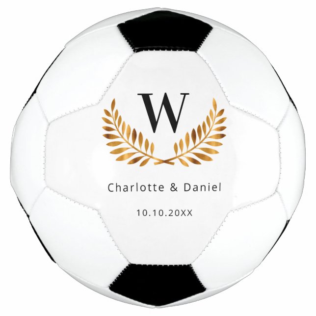 Wedding white black gold laurel wreath monogram  football (Front)