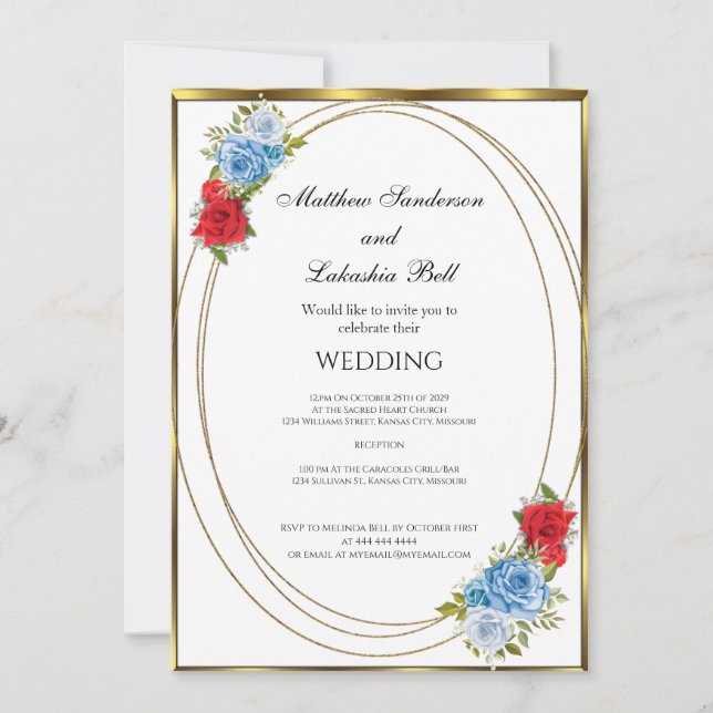 Wedding White Blue Red Flowers gold Elegant  Invitation (Front)